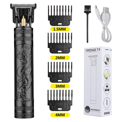 Retro T9 Hair Trimmer for Men's Everyday Haircutting and Personal Grooming, Electric Clipper Listing with Five Battery-Labeled Style Options for Home Use