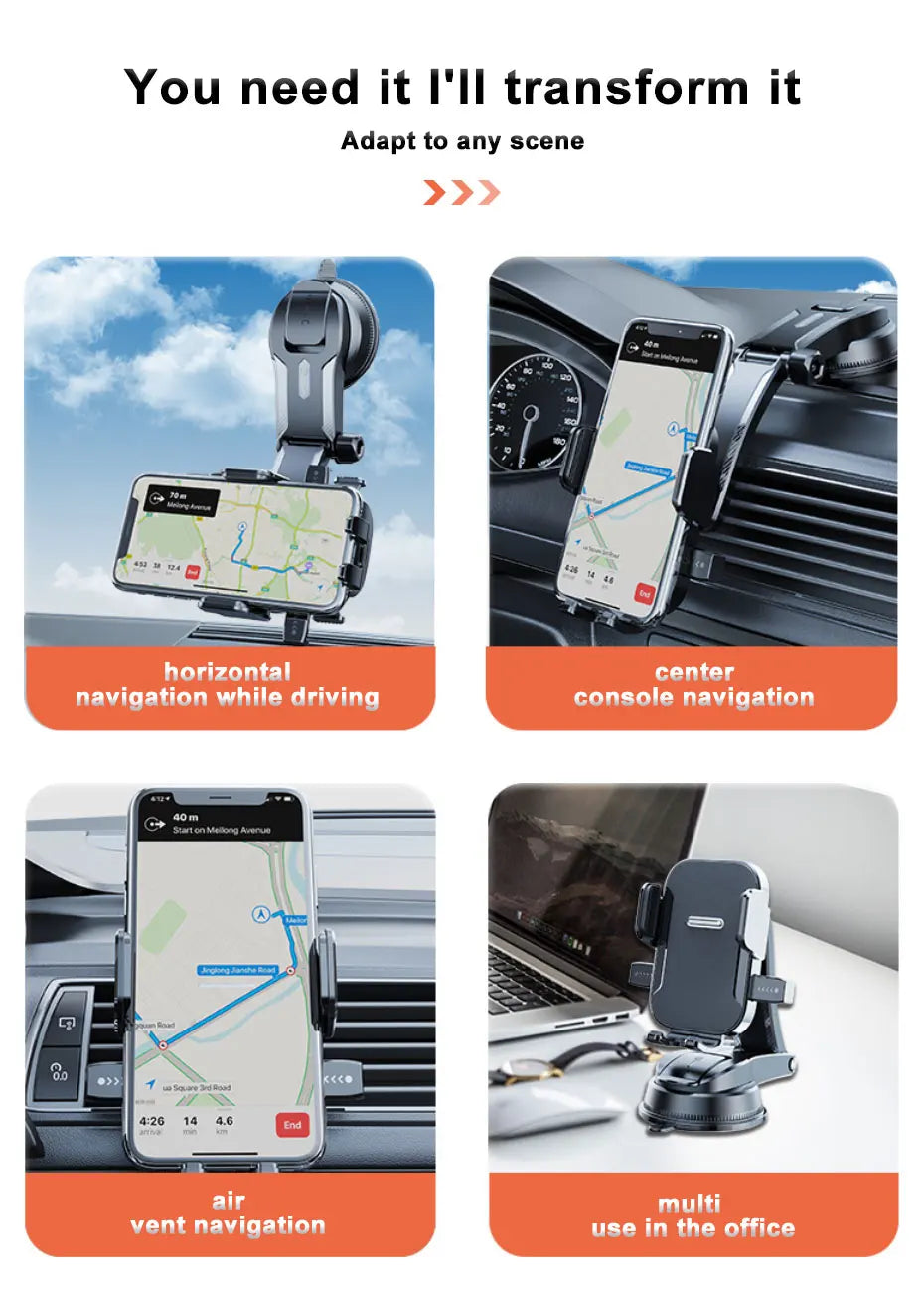 SEAMETAL Dashboard Phone Holder with Adjustable Cradle and Quick-Release Button, Listed 180-Degree Tilt, Mirrored or Textured Options for Compatible 3–7 Inch Phones