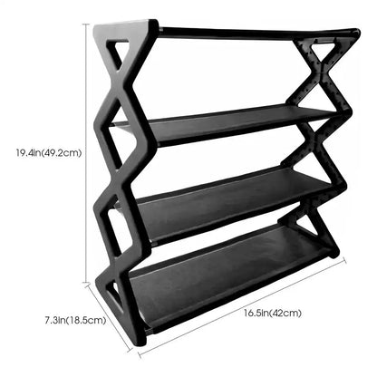 Four-Tier X-Frame Shoe Rack with Steel Tubes and Cloth Shelves, Compact Tool-Free Footwear Organizer for Entryways, Dorm Rooms and Bedroom Storage