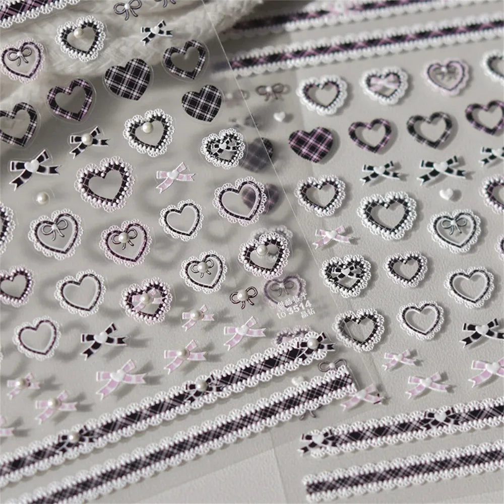 Kawaii Lace Nail Stickers, 1 Sheet of 5D Relief Self-Adhesive Bow and Red Heart Decals for Japanese-Style Wedding and Everyday DIY Manicures