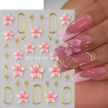 Hibiscus Flower Nail Stickers with Embossed Pink Floral and Golden Ring Details, 2-Piece 5D155 Self-Adhesive Decal Set for DIY Manicures and Party Nail Art