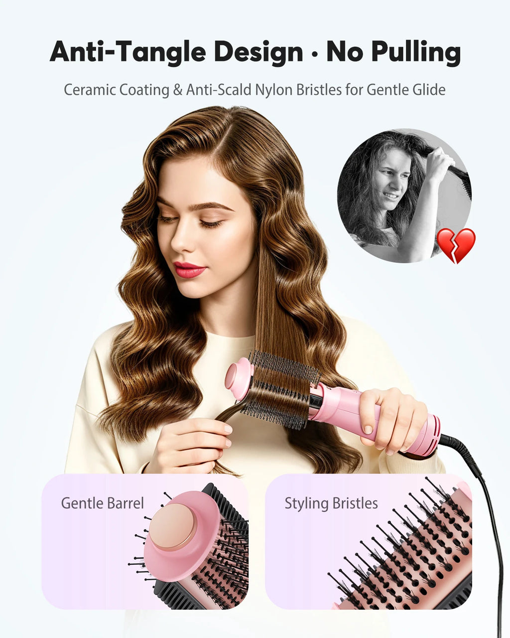 Dual Voltage Travel Hair Dryer Brush, Pink 4-in-1 Compact Hot Air Styler with Listed 100–240V Operation, Three Heat and Airflow Modes and US, EU or UK Plug Choices