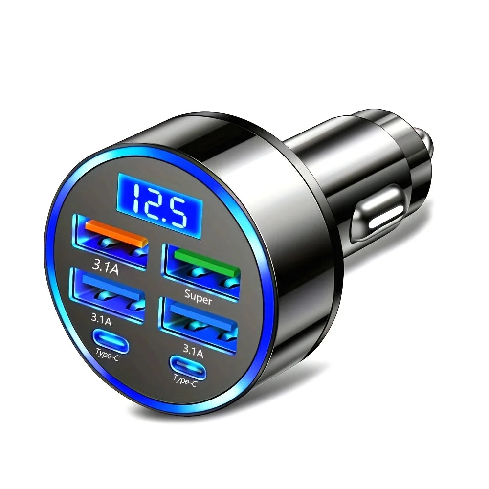 Dual Type-C Car Charging Adapter, Black Charger with Digital Display and Listed 6-in-1 Format and 3.1A Rating for Compatible Phones, Tablets and Power Banks