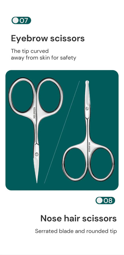 Manicure and Pedicure Kit MR.GREEN Mr-6012 with 12 Listed Stainless Steel Accessories and Portable Leather Case for Adult Home Grooming and Travel