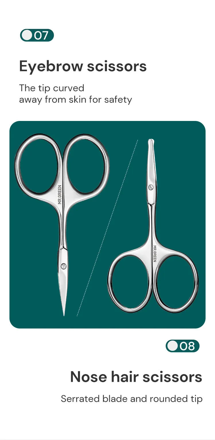 12-in-1 Manicure Set by MR.GREEN, MR-6012 Stainless Steel Personal Grooming Kit with Portable Leather Case for At-Home Nail Care and Travel Organization