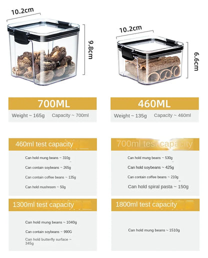 Clear Pantry Storage Jars with White or Black Covers, Five Capacity Options from 460ml to 1800ml and Single-Size Packs or Mixed Five-Size Kitchen Sets