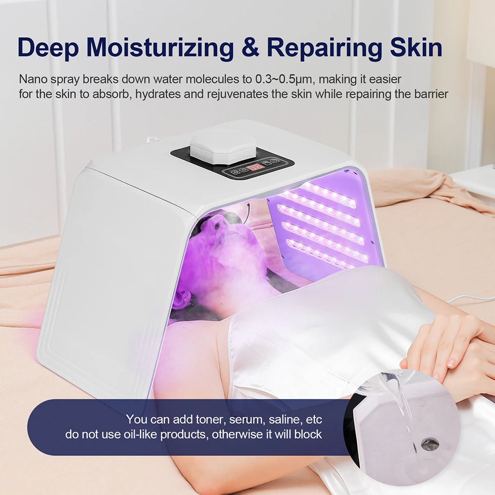 LED Facial Light Machine with Nano Spray, Seven Color Settings and 140 LEDs, 24W ABS Beauty Device with Adapter, Eye Protection and Four Plug Options
