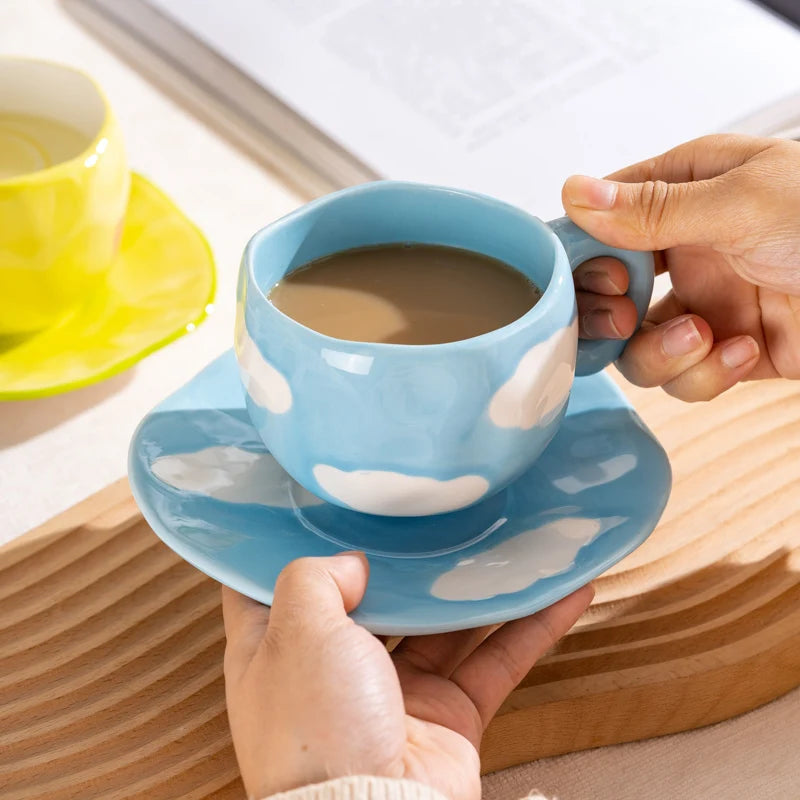 Hand-Painted Ceramic Mug with Irregular Korean-Style Shape and Floral, Heart or Playful Pattern Options for Breakfast Coffee and Afternoon Tea, Cup Only