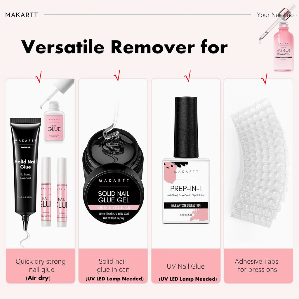 Press-On Nail Glue and Remover Options by Makartt, 10ml, 30ml or 50ml Remover Choices with Separate Liquid Adhesive Packs and Solid UV-Cured Gel Selection