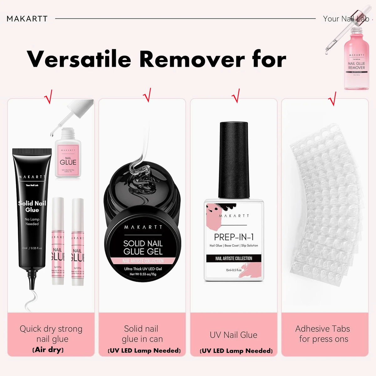 Press-On Nail Glue and Remover Options by Makartt, 10ml, 30ml or 50ml Remover Choices with Separate Liquid Adhesive Packs and Solid UV-Cured Gel Selection