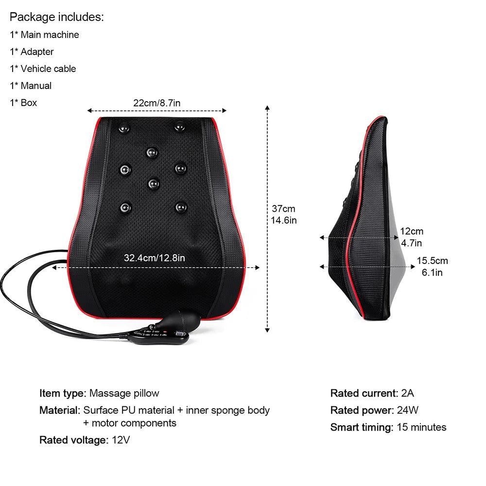 Back and Neck Massage Pillow with Listed 24W Power, PU Surface, One-Button Control and 15-Minute Auto Shutoff, Adapter and Vehicle Cable for Adult Relaxation