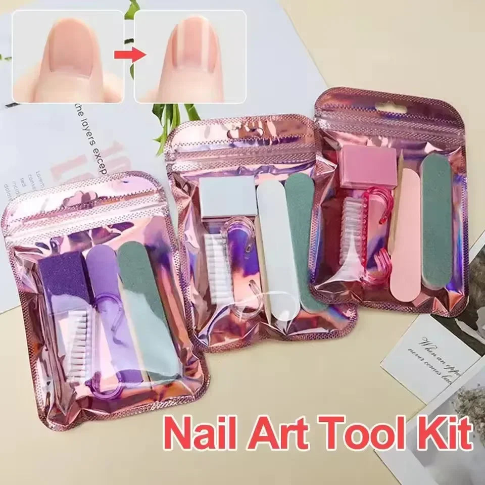 Manicure Prep Kit with Five Tools and Holographic Zipper Bag, Mini Nail File, Buffer, Cuticle Pusher, Cleaning Brush and Wooden Stick for Home and Travel