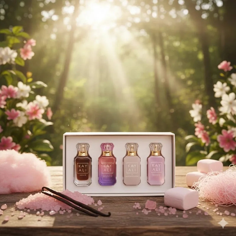Four Scent Perfume Set with 4 x 10ml Bottles, Unisex Fragrance Assortment Options Featuring Listed Vanilla, Oud, Floral and Fruity Profiles for Everyday Wear and Gifts