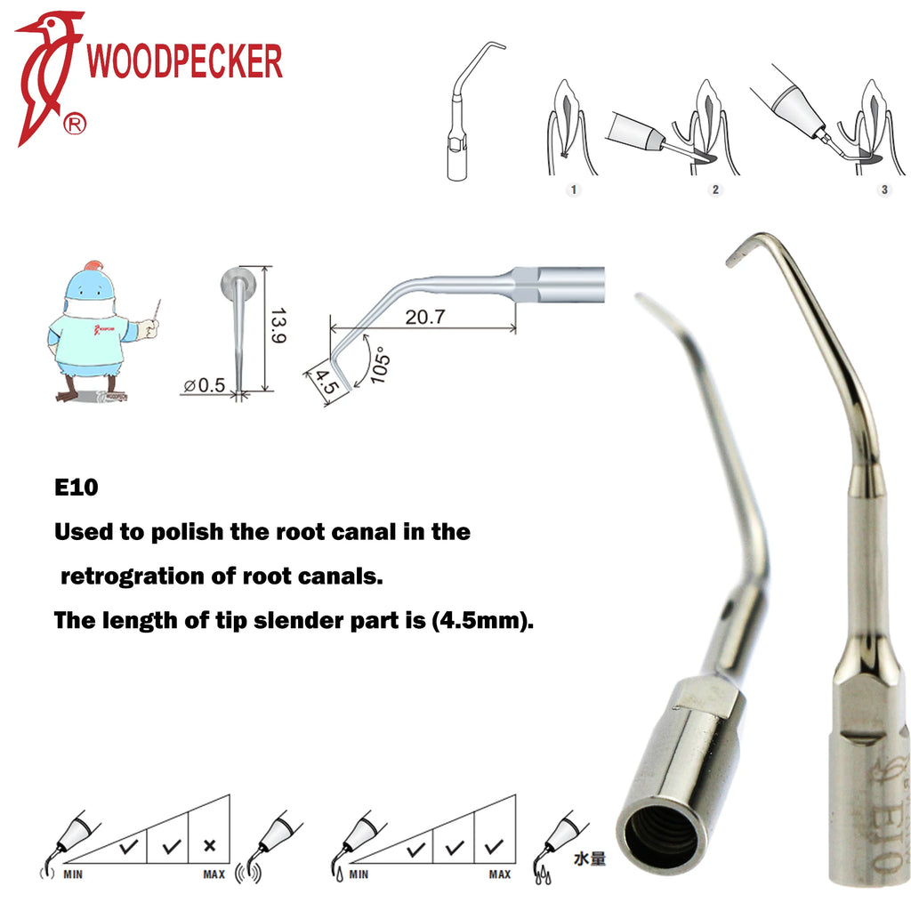 Ultrasonic Scaler Handpiece and Tip Options by Woodpecker, HW-5L LED Handpiece or P, E and G Series Tips for Compatible Dental Equipment