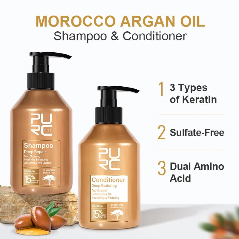 Argan Oil Shampoo and Conditioner by PURC with 300ml Shampoo, 280ml Conditioner and Set Options for Cleansing and Cosmetic Smoothing Hair Care