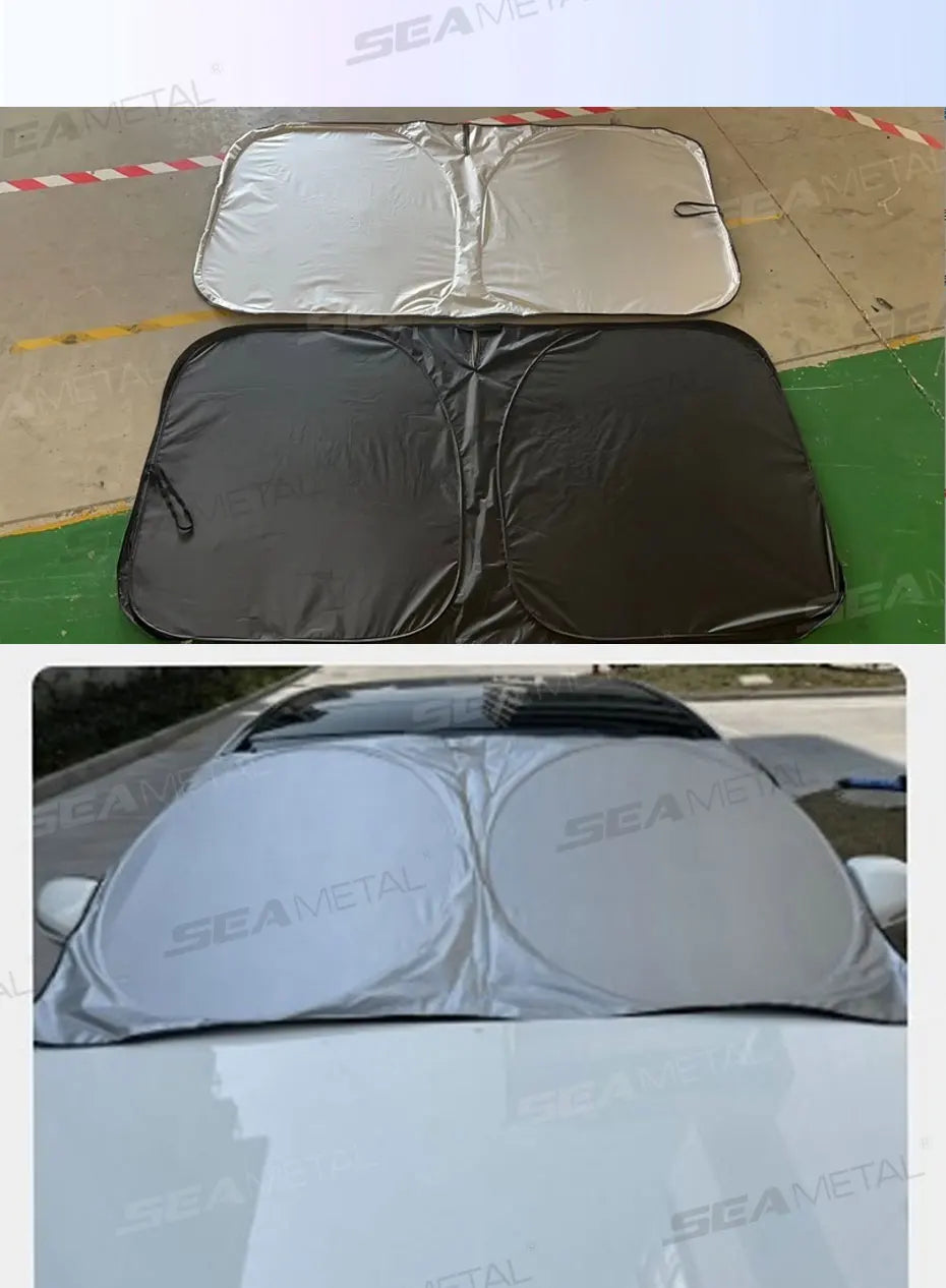 SEAMETAL Foldable Windshield Sun Shade in Silver with Reflective Material, Mirror Cutout and Wire Support, Small or Large Options for Parked Cars