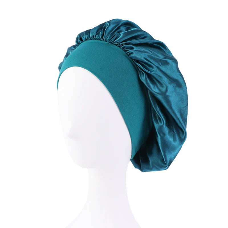 Wide Band Satin Sleep Bonnet with Listed Elastic Hair Wrap Design, Polyester Material Reference and Twenty-Eight Color Labels for Adult Nighttime Hair Styling
