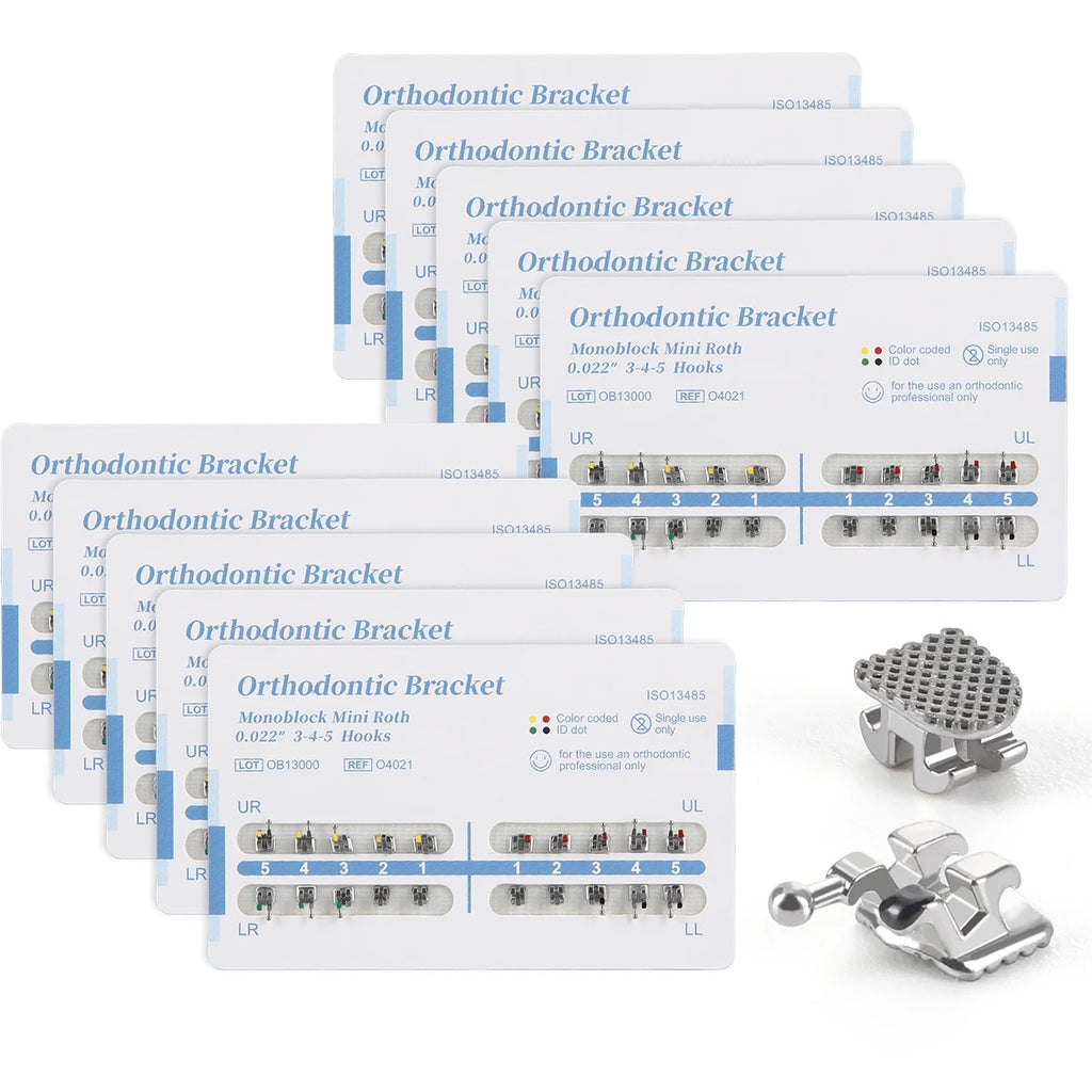 Orthodontic Metal Brackets by AZDENT, Mesh Base Mini and Standard Options with Roth, MBT or Edgewise Styles, 018 or 022 Slots, 10 Packs of 20 Pieces