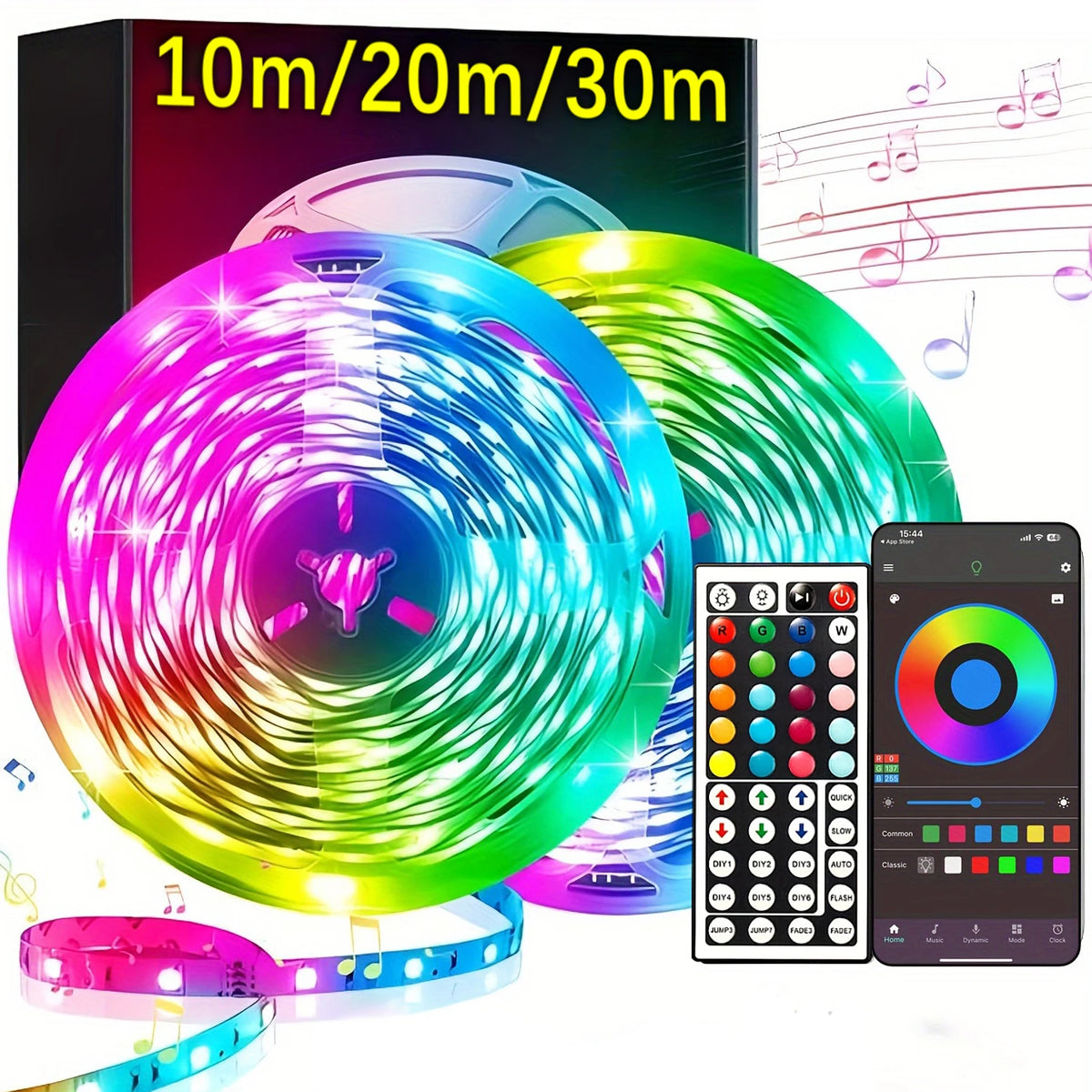 Four-Controller RGB LED Strip Lights with 5V USB Power, App or Remote Options and Nine Length Labels from 0.5m to 30m for Bedroom Decor and TV Backlighting