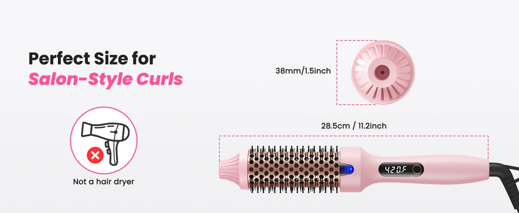 Ionic Heated Round Brush with Six Temperature Settings, LED Display and 110–240V Listed Dual Voltage for Curling, Smoothing and Root Volume, Pink