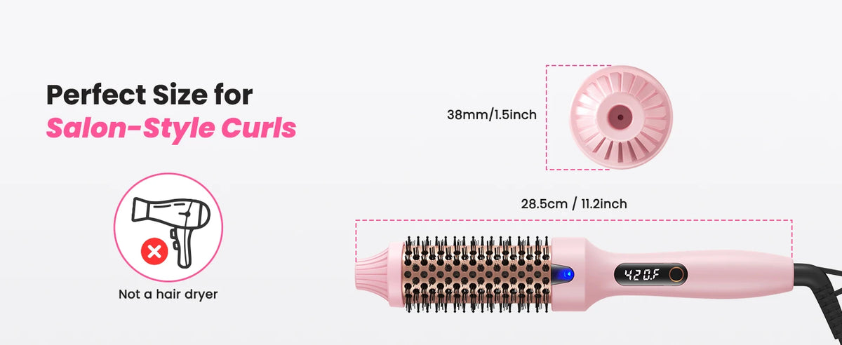 Ionic Heated Round Brush with Six Temperature Settings, LED Display and 110–240V Listed Dual Voltage for Curling, Smoothing and Root Volume, Pink