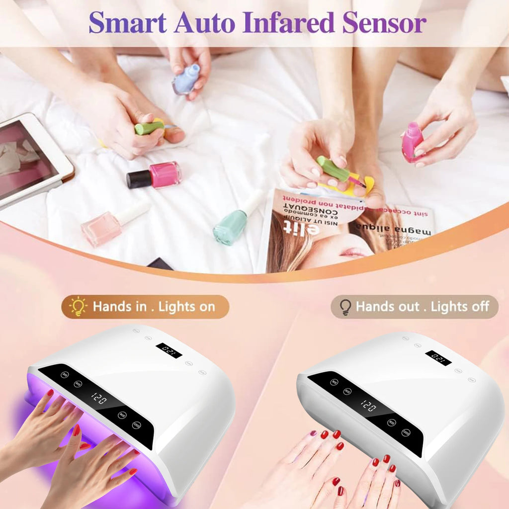 72-LED Gel Nail Curing Lamp with Four Timer Settings, Digital Touch Display, Automatic Hand Sensor and Detachable Base, White with US or EU Plug Options