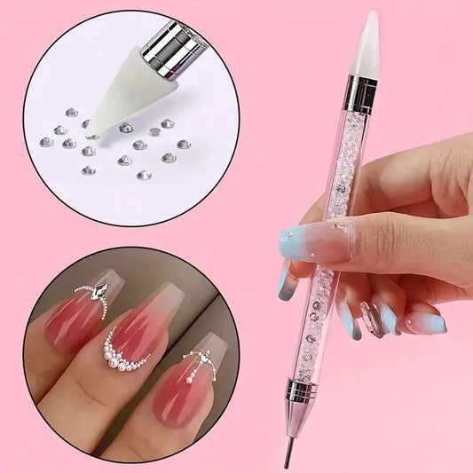 Wax Rhinestone Picker Pen with Dual-Ended Wax Pickup and Stainless Steel Positioning Tips, 14.8cm Nail Art Tool for Crystal, Gem and Sequin Placement