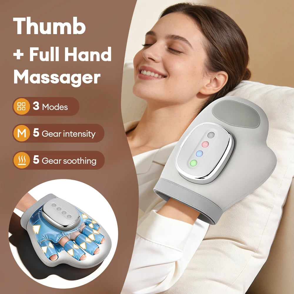Full-Hand Compression Massager with Finger, Thumb, Palm and Wrist Coverage, Three Modes, Five Intensity Levels and Cordless 2000mAh Rechargeable Design
