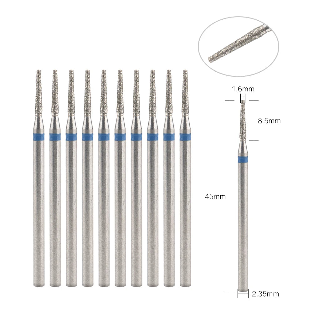 Diamond Nail Drill Bits, Listed 10-Piece Milling Accessories with 2.35mm Shanks, A-Series and Grade-Labeled Options for Professional Electric Manicure Filing