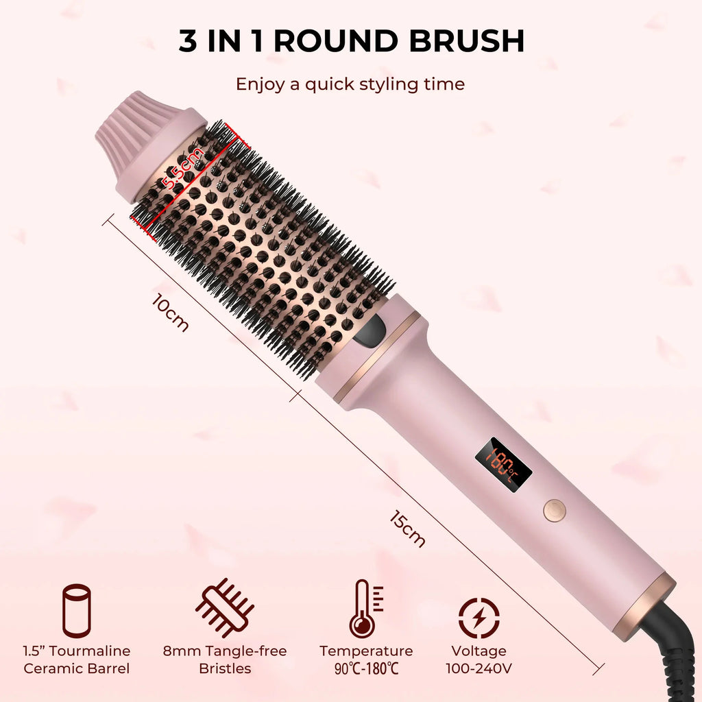 Heated Curling Brush with LCD Display and Listed 60-Minute Auto-Off, Black or Pink Thermal Hair Styler with Four Regional Plug Choices and No Hot-Air Function