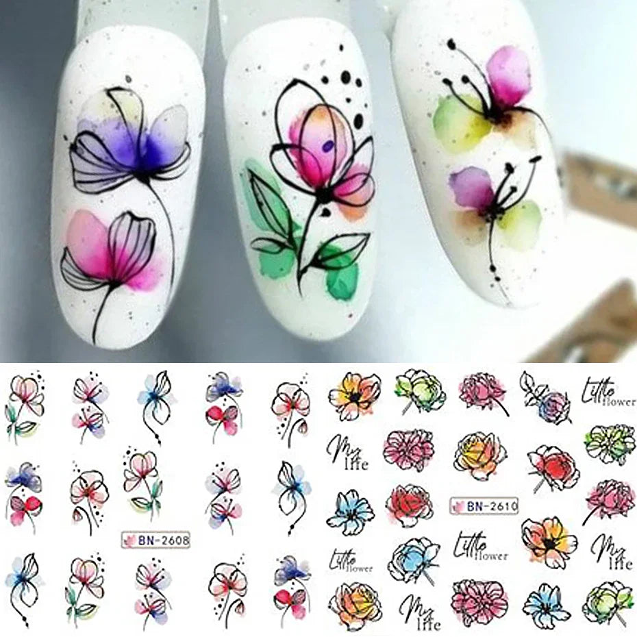 Water Transfer Nail Decals, BN2605-2616 Nail Art Slider Stickers for DIY Manicure Decoration, At-Home Styling and Seasonal Nail Design Ideas
