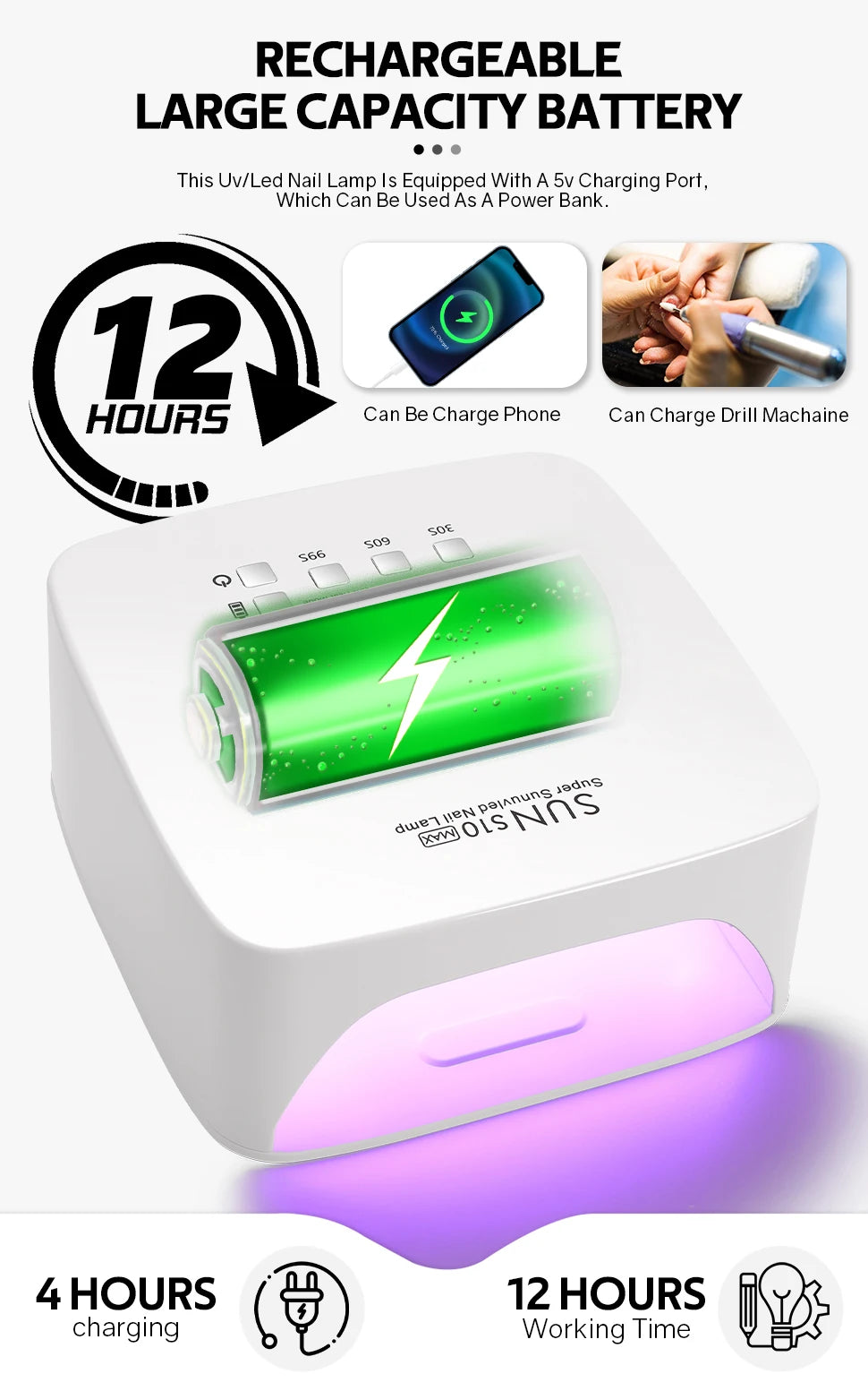 UV LED Gel Nail Lamp SUN S10 MAX with 30 Dual-Wavelength LEDs, Automatic Infrared Sensor, 30, 60 and 99 Second Timers, White Finish and US or EU Plug
