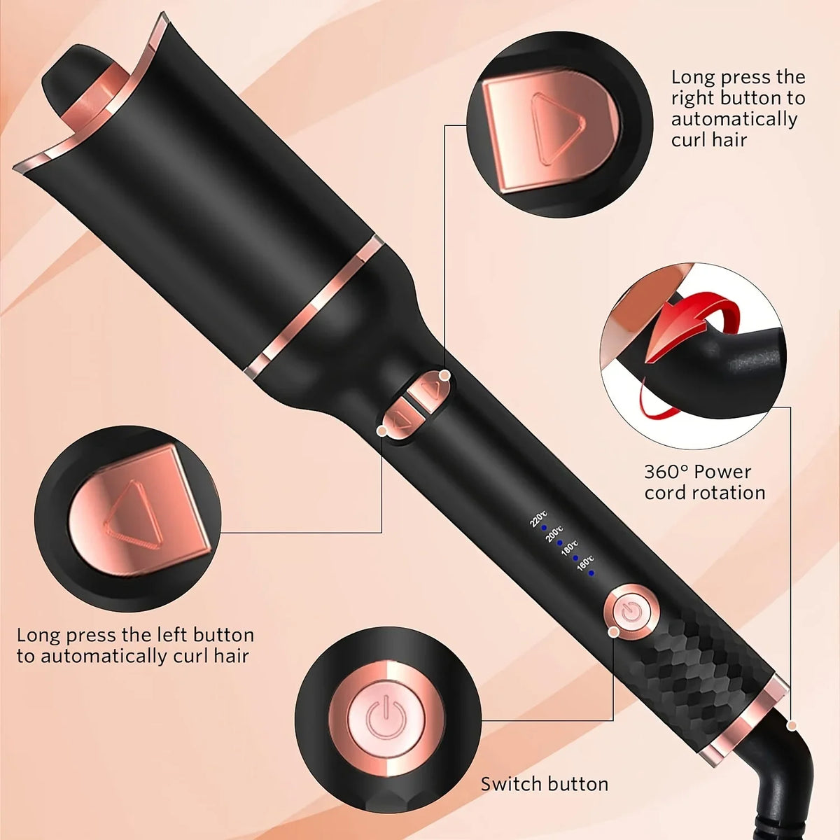 Plug-In Automatic Hair Curler with Listed 34W Power, Tourmaline Ceramic Heat Conductor, Three Temperature Settings and 2-Meter Cable with Box and Plug Options