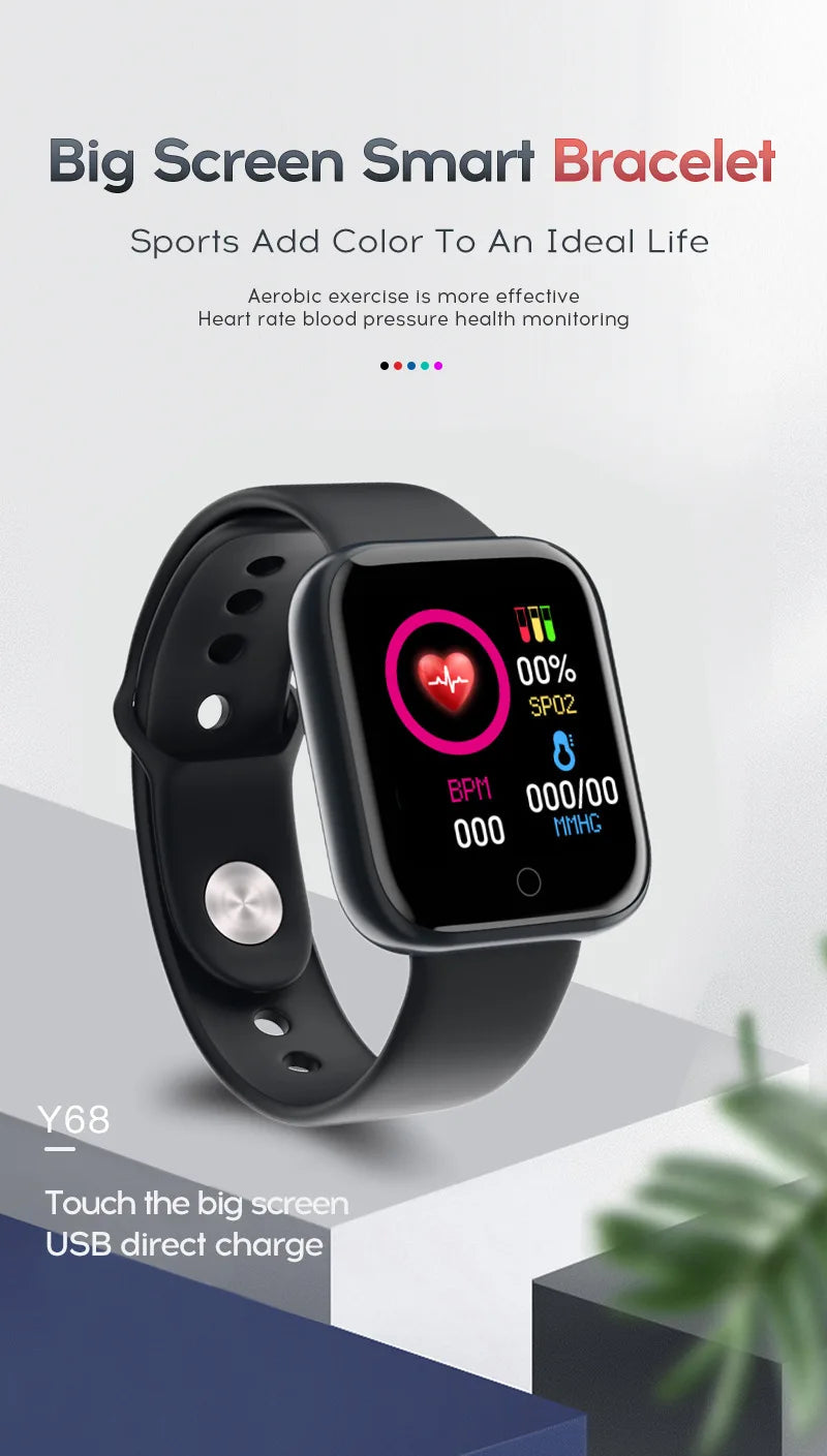 Y68 Smart Watch with Original Box for Men and Women, Gray, Black, White or Pink Wearable with Listed Sleep Monitoring and Heart Rate Functions for Compatible iOS and Android Phones