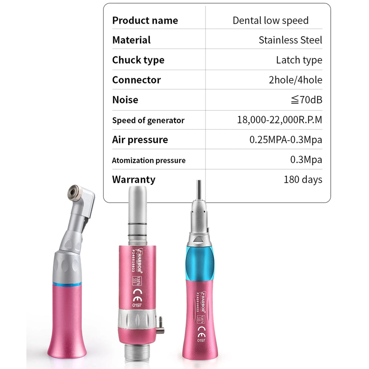 Single-Piece Low Speed Dental Handpiece Options, Straight Nose or Contra Angle Attachments and 2 or 4 Hole Air Motors in Six Color Selections
