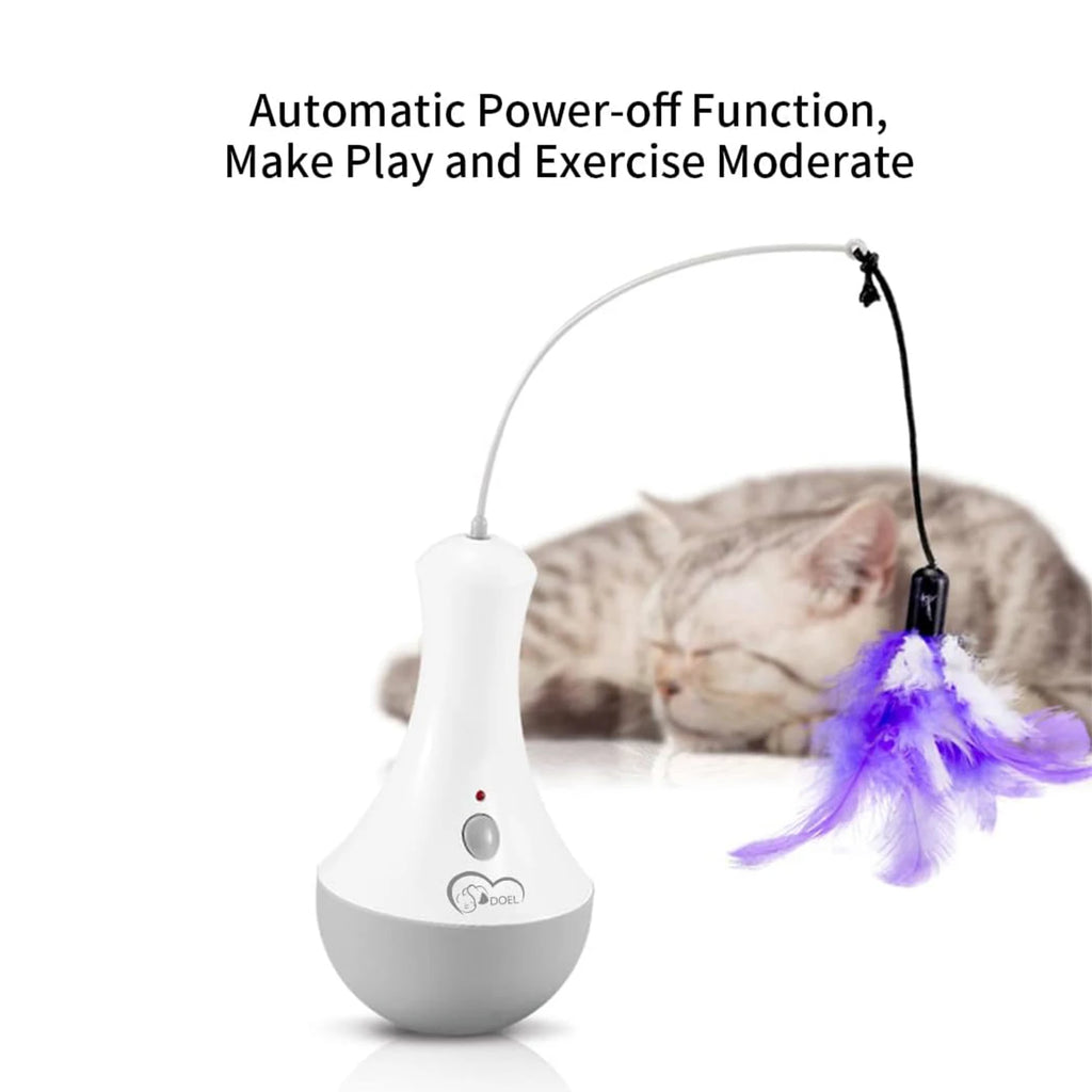 Automatic Feather Cat Toy by DOEL with 360-Degree Random Rotation, Two Interchangeable Feathers and 15-Minute Auto Shutoff for Supervised Indoor Play, White