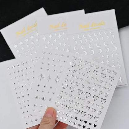 Silver Star Nail Stickers, 6 Sheets of Metallic 3D Self-Adhesive Chain and Heart Nail Art Decals for DIY Manicures, Party Looks and Salon Decoration