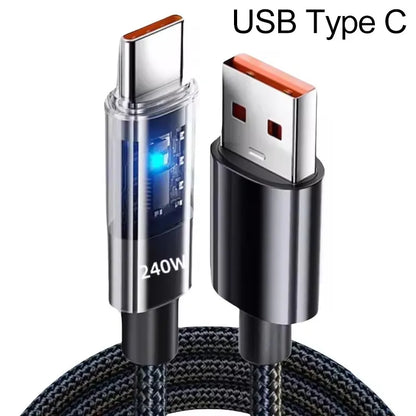 LED Display USB-C Charging Cable with Nylon Exterior, Dual Type C or USB Type C Options in 0.25m to 2m Lengths for Compatible Devices, Listed 240W Reference