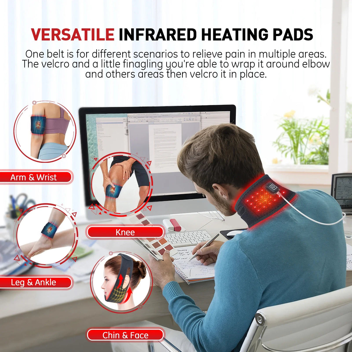 Red Light Chin and Neck Wrap for Home Personal Care, Fabric Design with Listed 660nm and 850nm Light References, Three Colors and US or International Plug Options