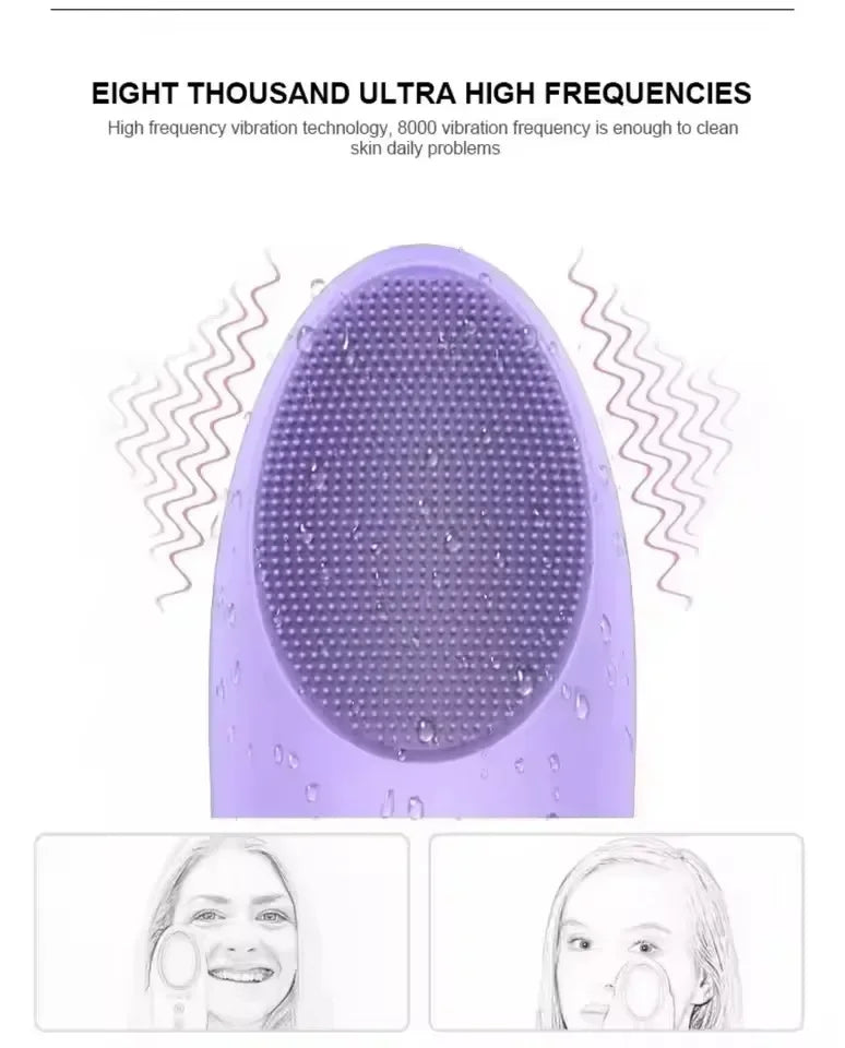 Heated Facial Cleansing Brush with USB Charging and Three Mode References, Silicone, Bristle and Rolling Head Descriptions with Three Single-Piece Option Labels
