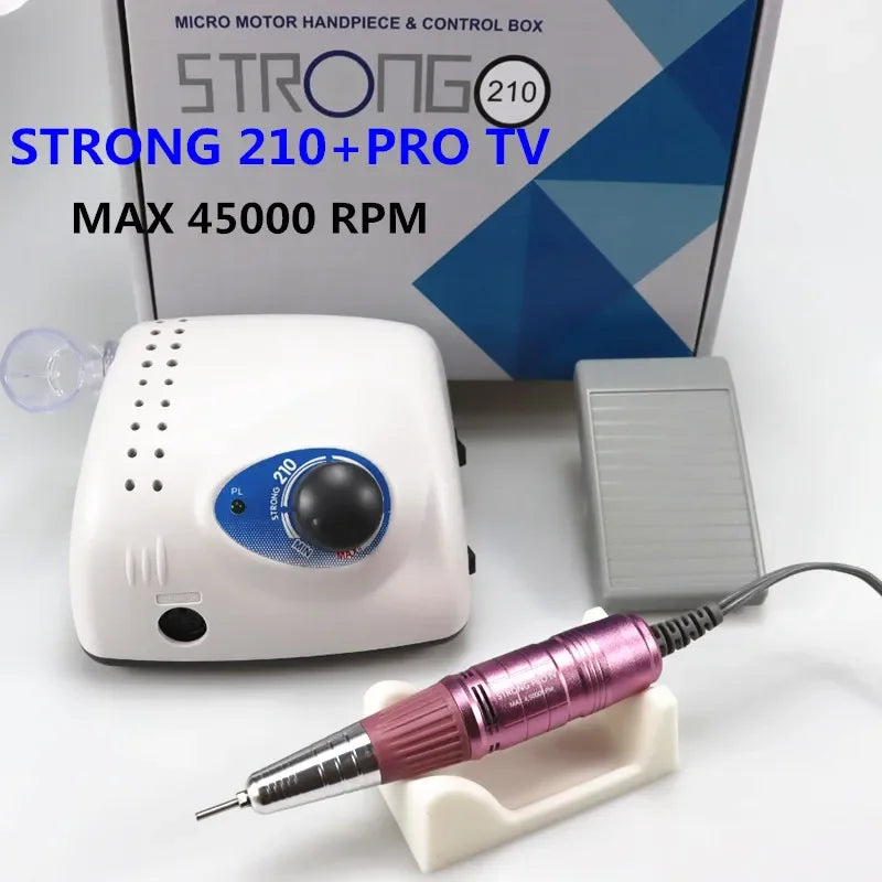 Strong 210 Pro IV Nail Drill Set with Listed 65W Input, 45,000 RPM Maximum, Six Bits, Handpiece and Foot Switch for Manicure Work, EU Plug Reference