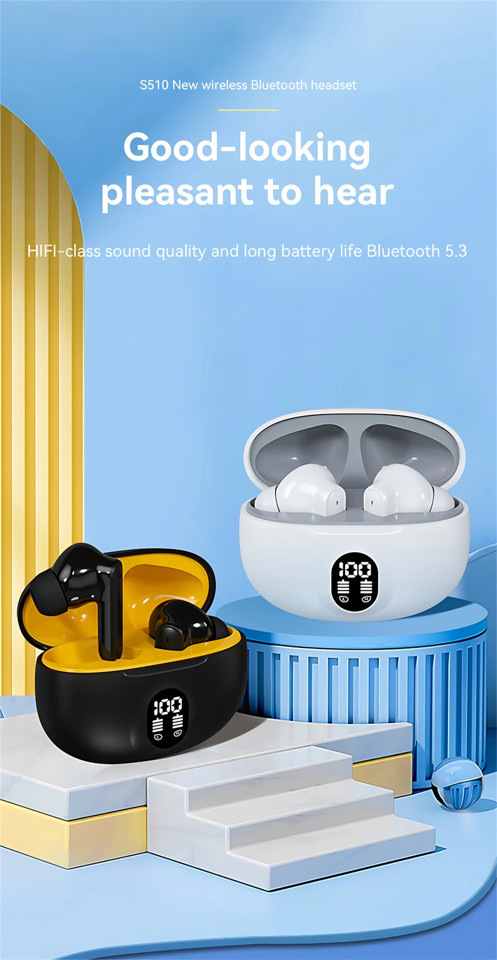 Mini Slim Bluetooth Earbuds with LED Battery Display Charging Case, TWS In-Ear Stereo Earphones with Microphone in Skin, Black or White for Music and Calls