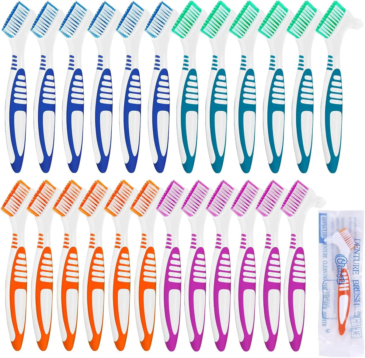 Denture Cleaning Brushes 24-Pack, Individually Wrapped Double-Sided False Teeth Brushes in Mixed Colors with Listed Soft Bristles for Personal Care Supplies