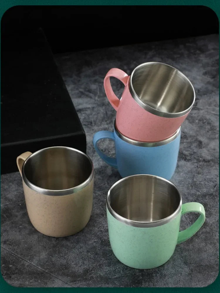 220ml Stainless Steel Mug with Plastic Handle and Double-Layer Design, Single Coffee, Tea and Milk Cup in Blue, Green, Pink or Beige for Home and Office