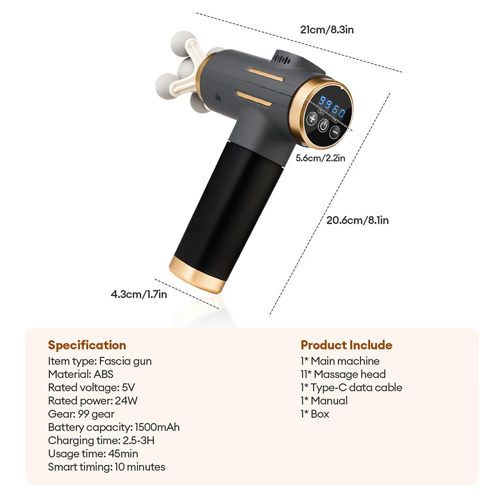 11-Head Massage Gun with 99 Adjustable Settings, USB-C Rechargeable Personal Massager with 1500mAh Battery and 10-Minute Timer for Adult Home Comfort