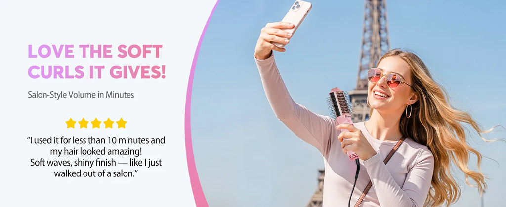 Dual Voltage Travel Hair Dryer Brush, Pink 4-in-1 Compact Hot Air Styler with Listed 100–240V Operation, Three Heat and Airflow Modes and US, EU or UK Plug Choices