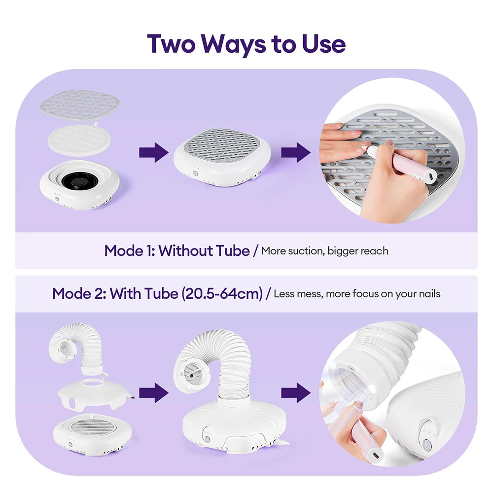 Extendable Tube Nail Dust Collector with LED Light, Three Speed Settings and Two Filters, Grey Plug-In Manicure Vacuum with US, EU or UK Plug Options