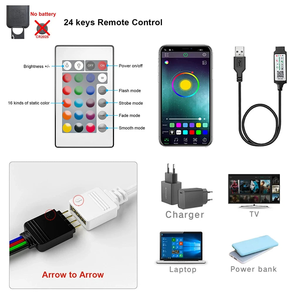 5050 LED Strip Lights with Bluetooth App and Remote Control References, Flexible Ribbon in 1m, 2m, 3m or 5m for TV Backlighting and Game Room Decor