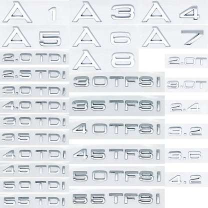 Car Trunk Badge Sticker in Glossy Black or Silver, 3D ABS Decorative Lettering with A-Series, TDI, TFSI and Numeric Engine-Designation Style Choices