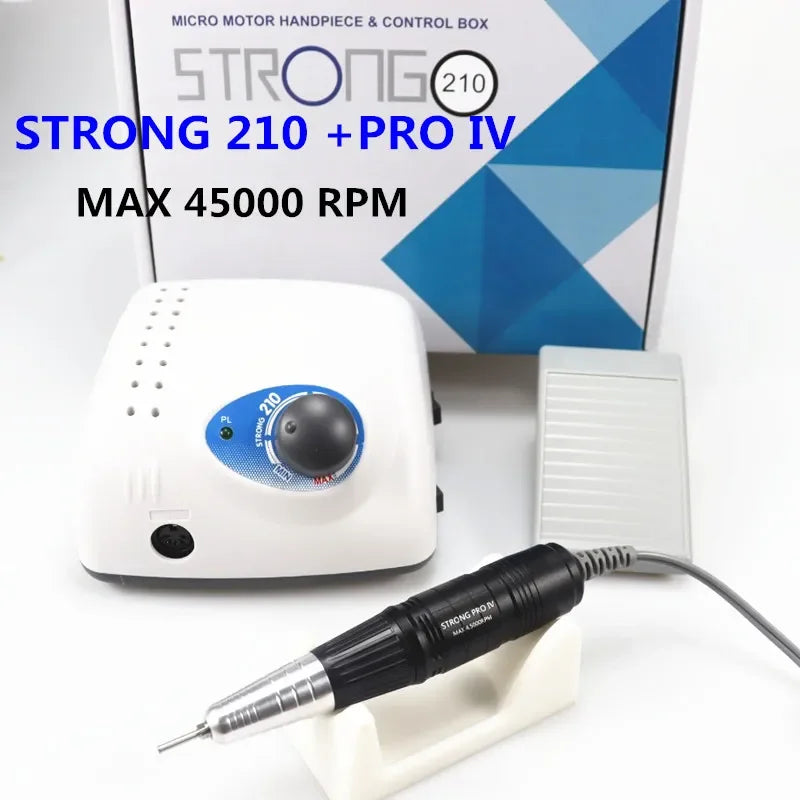 Strong 210 Pro IV Nail Drill Set with Listed 65W Input, 45,000 RPM Maximum, Six Bits, Handpiece and Foot Switch for Manicure Work, EU Plug Reference